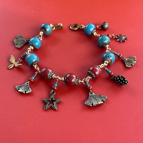 Boho Bracelet, Ceramic Beads, Nature Charms, Handmade Whimsical Jewelry - Picture 3 of 10